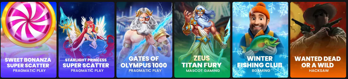 Casino Hermes sélection de machines à sous avec Sweet Bonanza Super Scatter, Starlight Princess Super Scatter, Gates of Olympus 1000, Zeus Titan Fury, Winter Fishing Club et Wanted Dead or a Wild